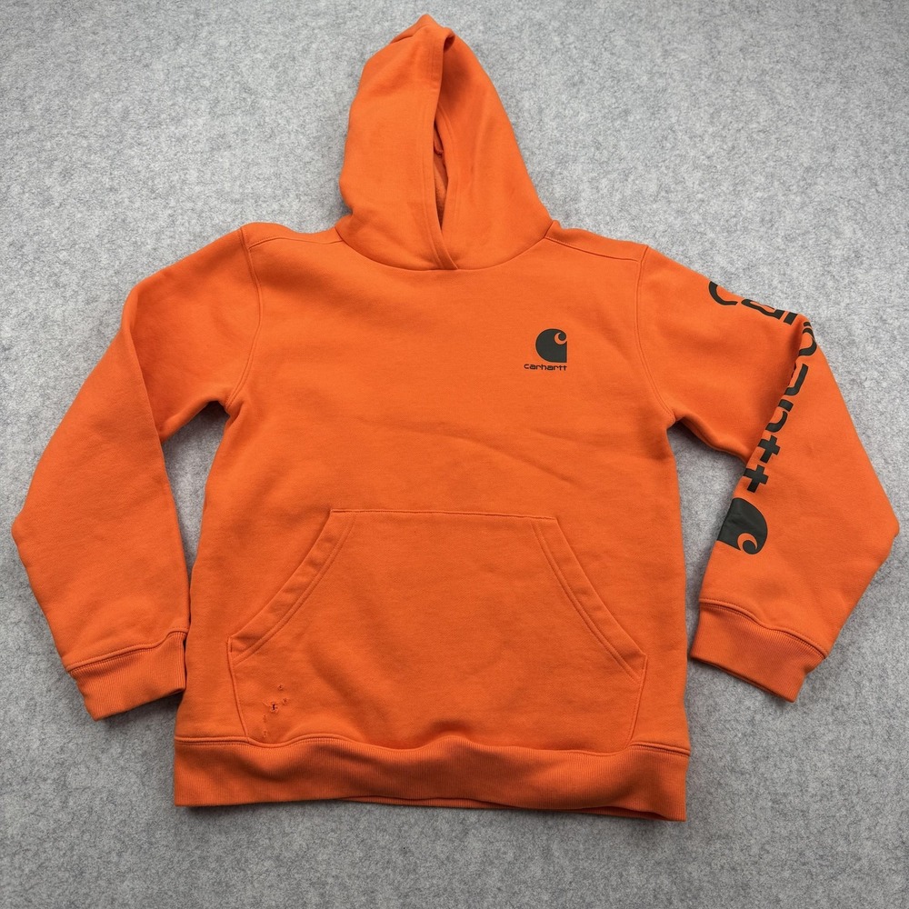 Carhartt Hoodie Youth Large (14-16) Orange Fleece Pullover Logo Sleeve *HOLES*